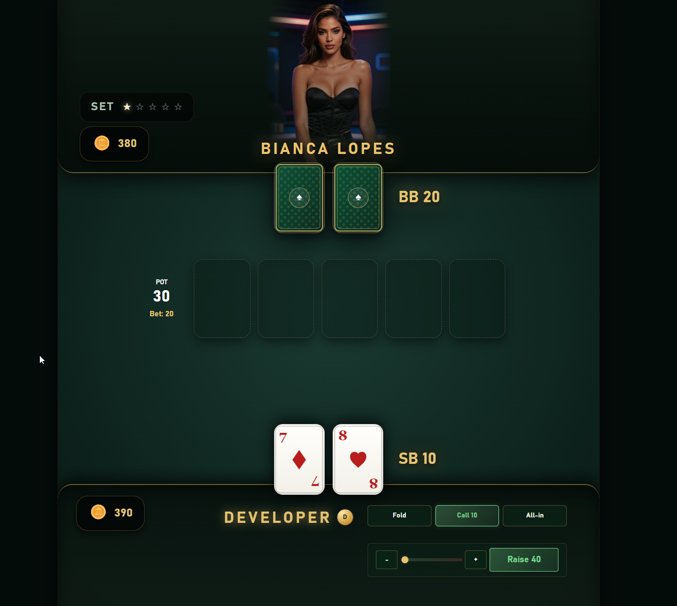 Heads-up match against an AI opponent